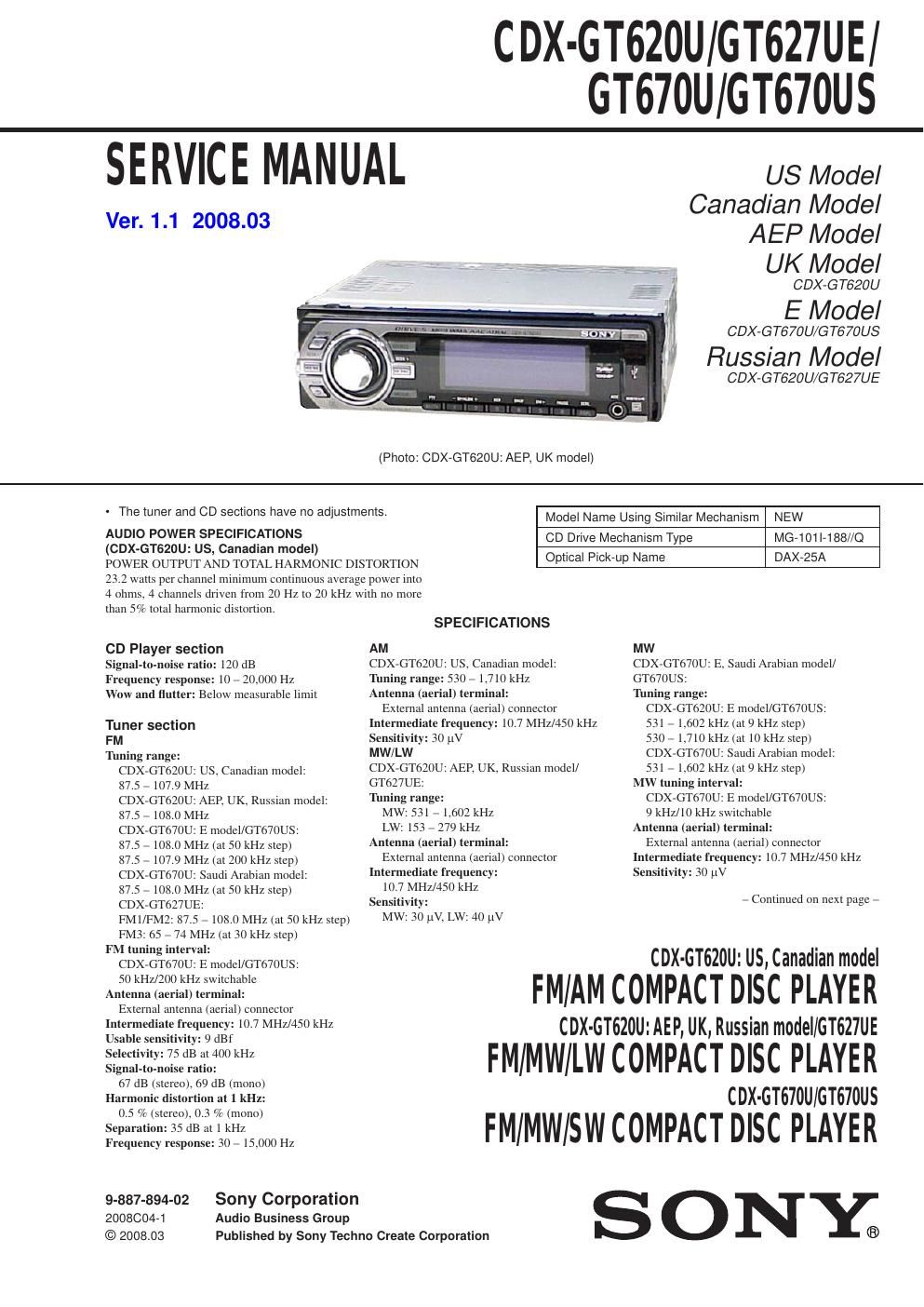 sony cdx gt 620 u service manual