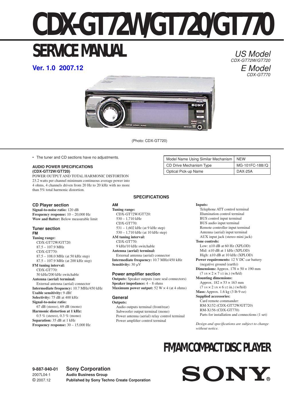 sony cdx gt 72 w service manual