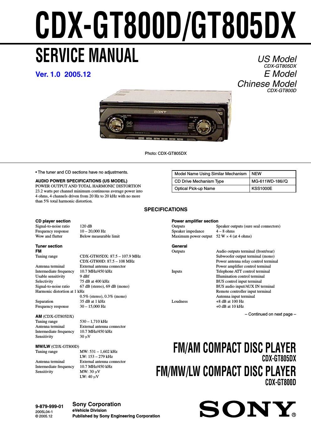 sony cdx gt 805 dx service manual