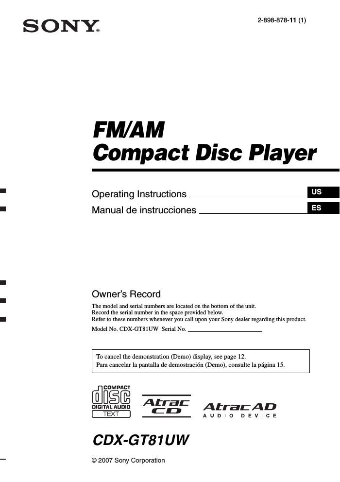 sony cdx gt 81 uw owners manual