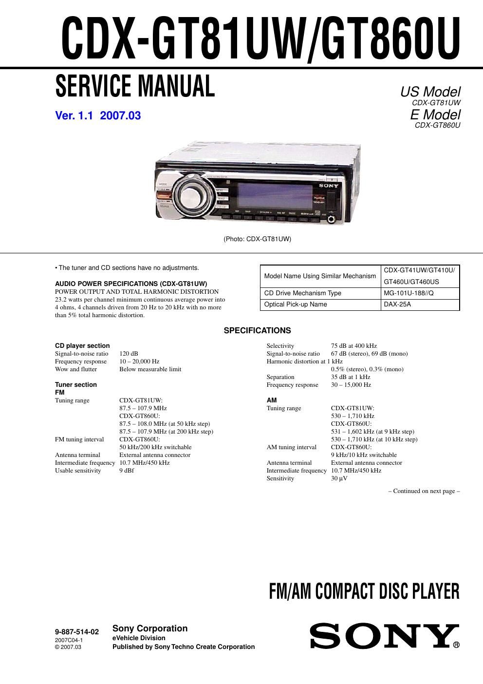 sony cdx gt 81 uw service manual