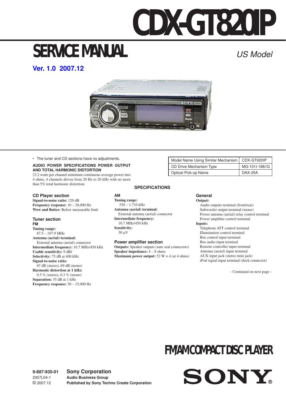 sony cdx gt 820 ip service manual