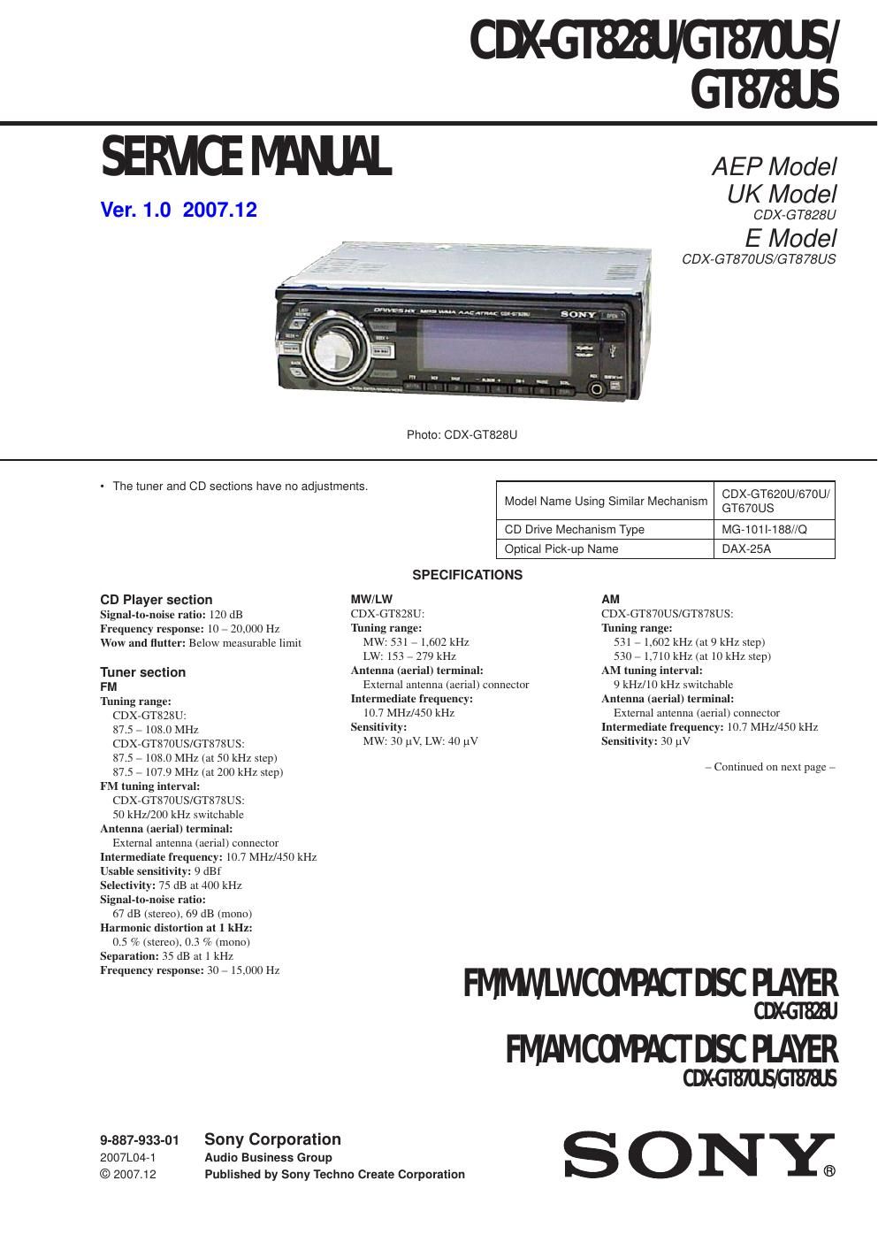 sony cdx gt 820 u service manual