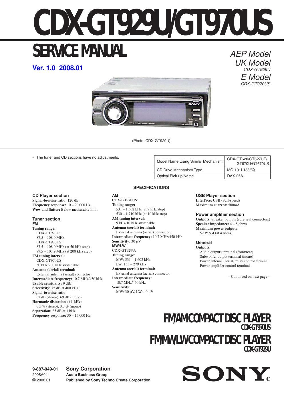 sony cdx gt 929 u service manual