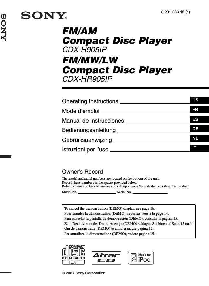 sony cdx h 905 ip owners manual