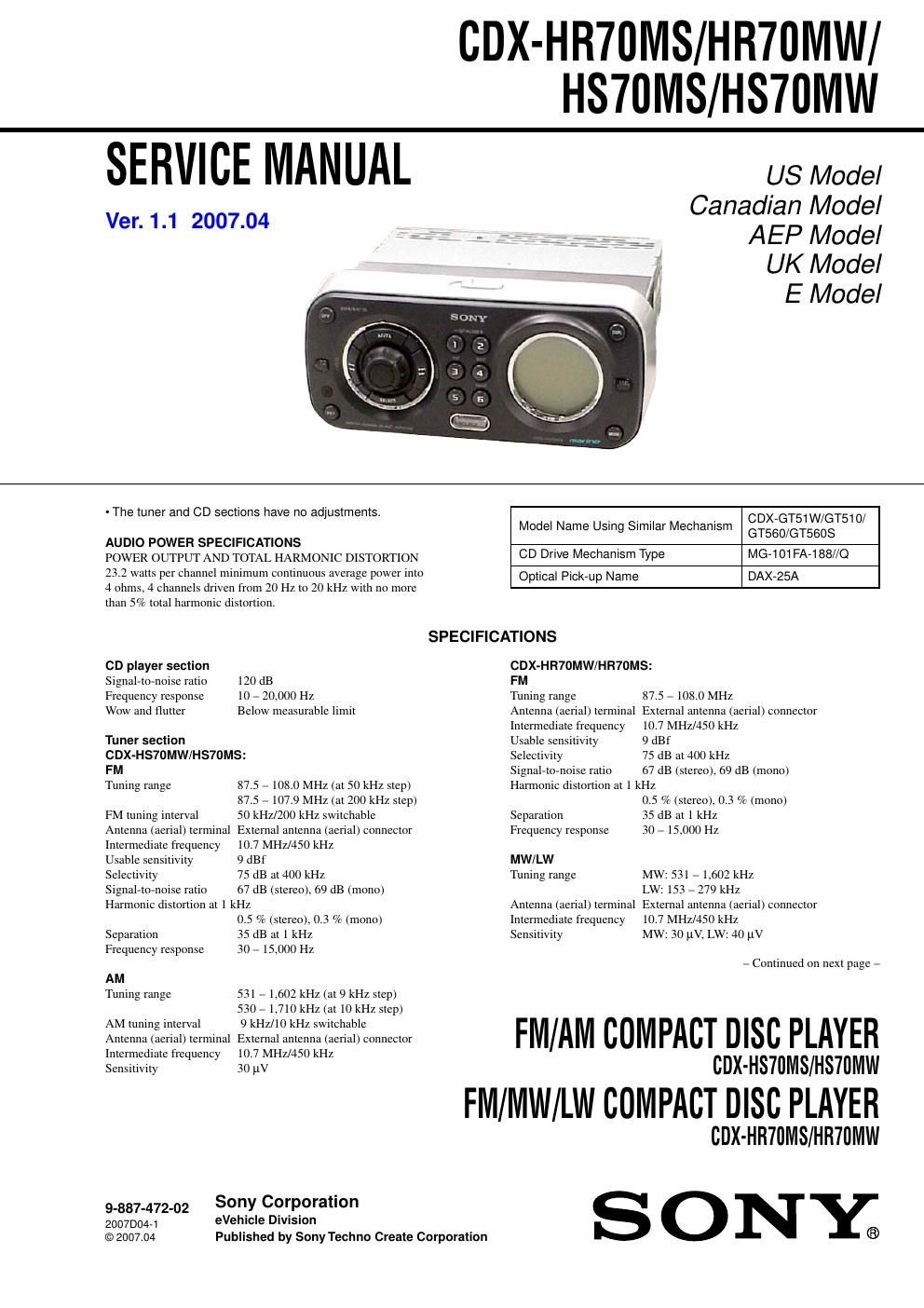 sony cdx hr 70 ms service manual