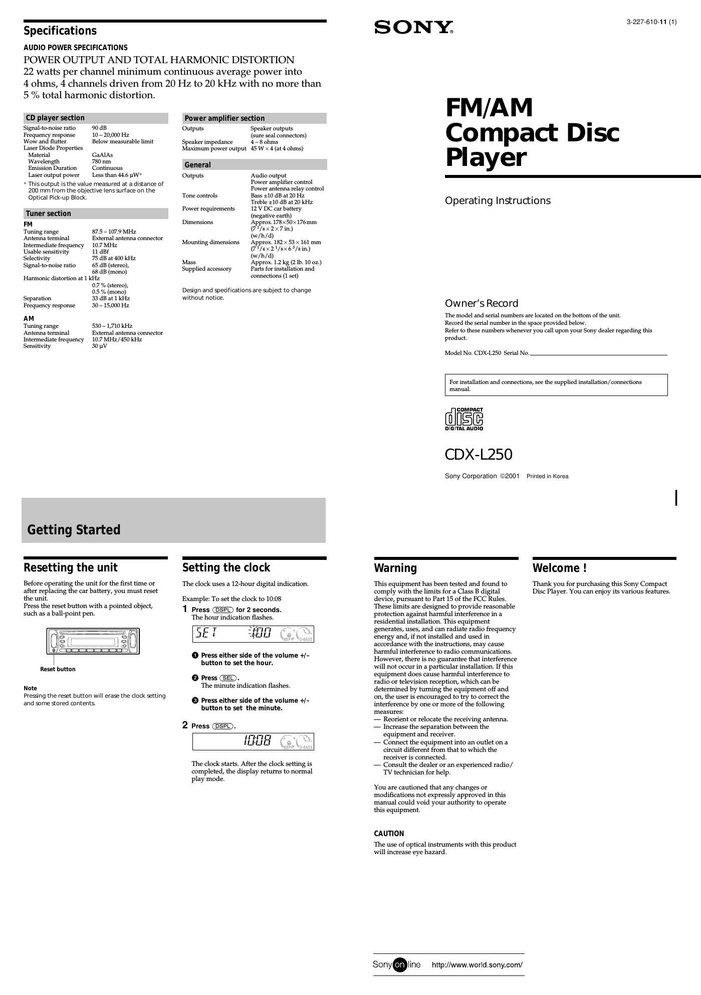sony cdx l 250 owners manual