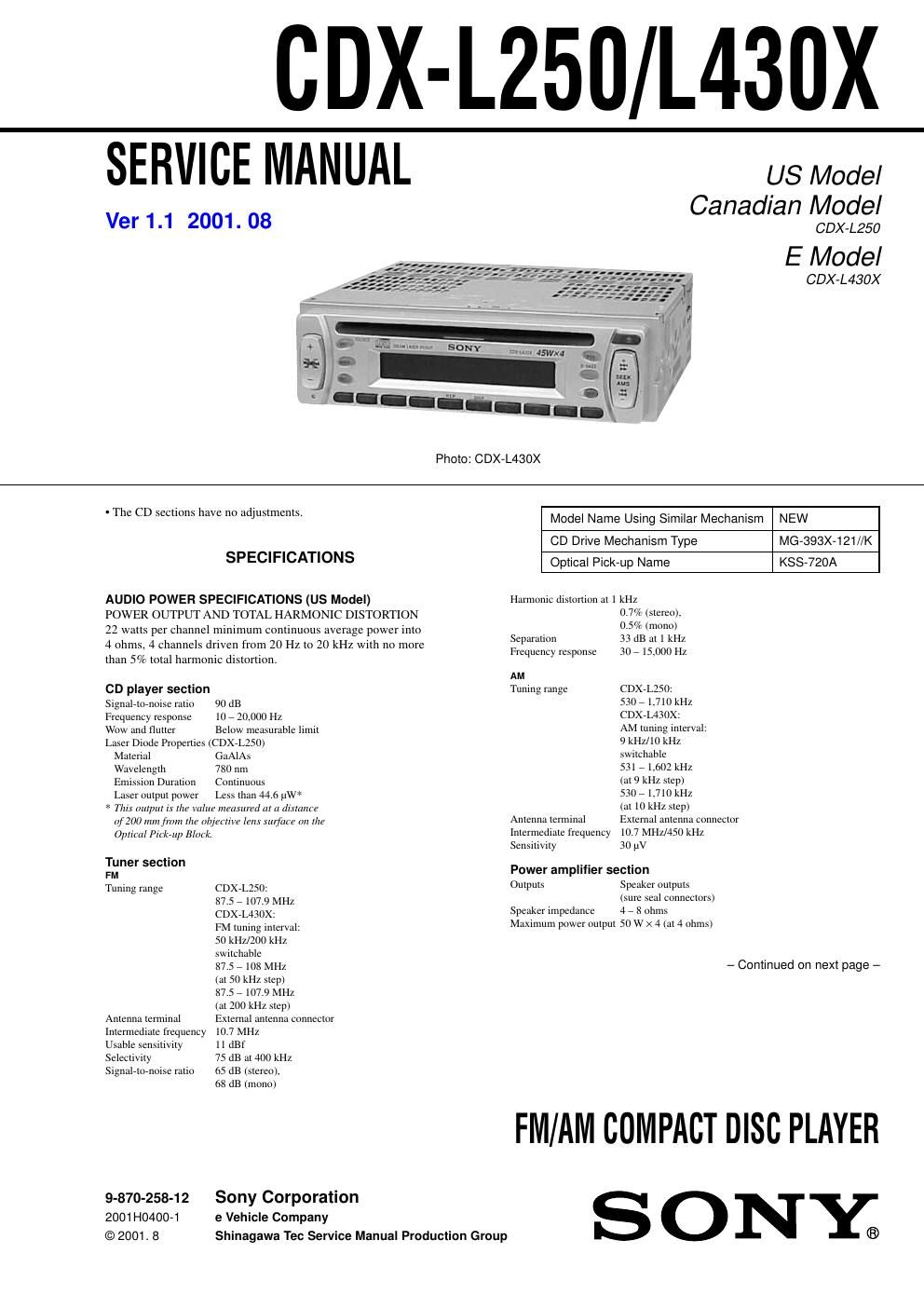 sony cdx l 250 service manual