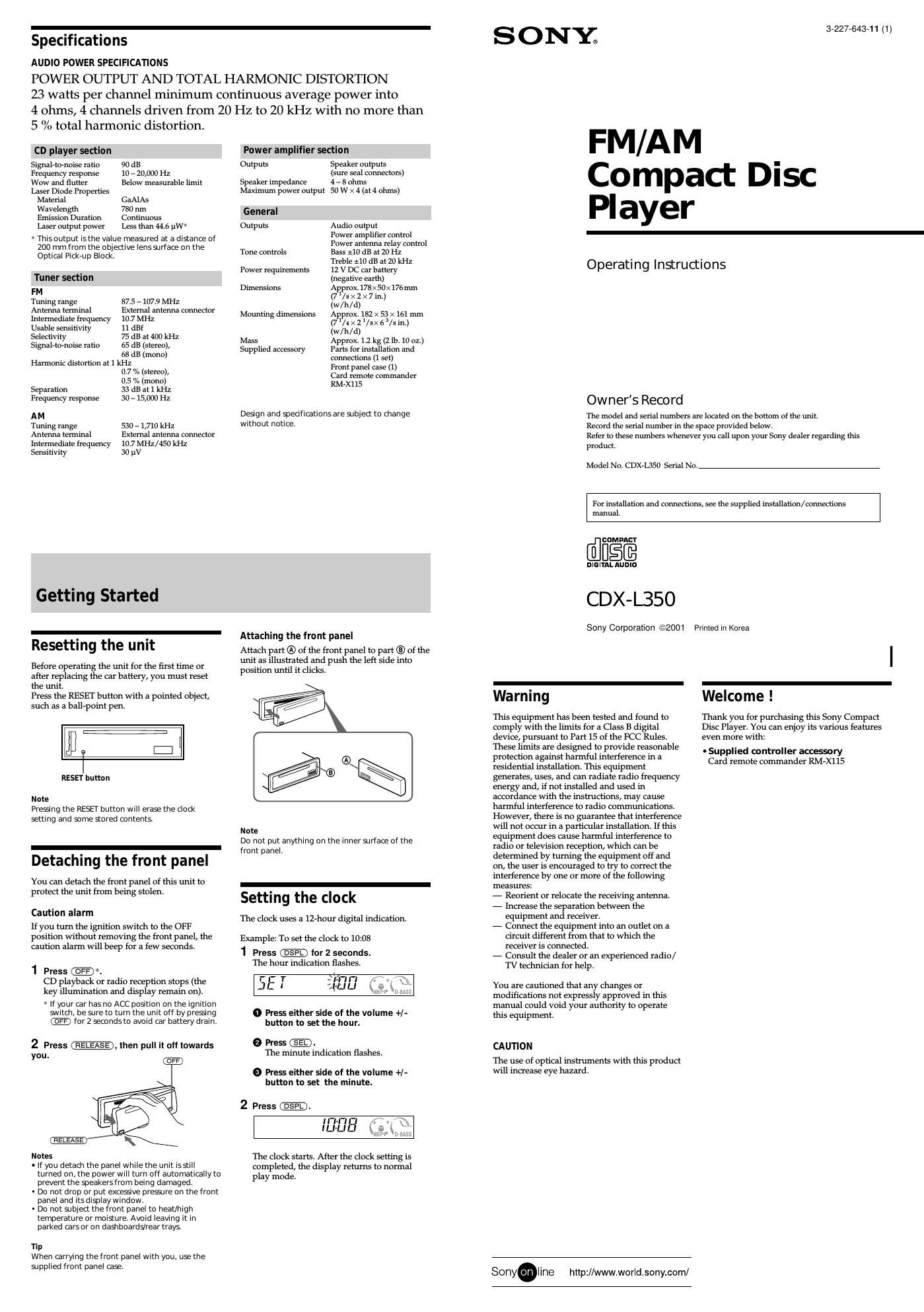 sony cdx l 350 owners manual