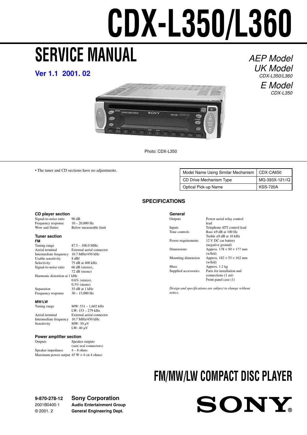 sony cdx l 360 service manual