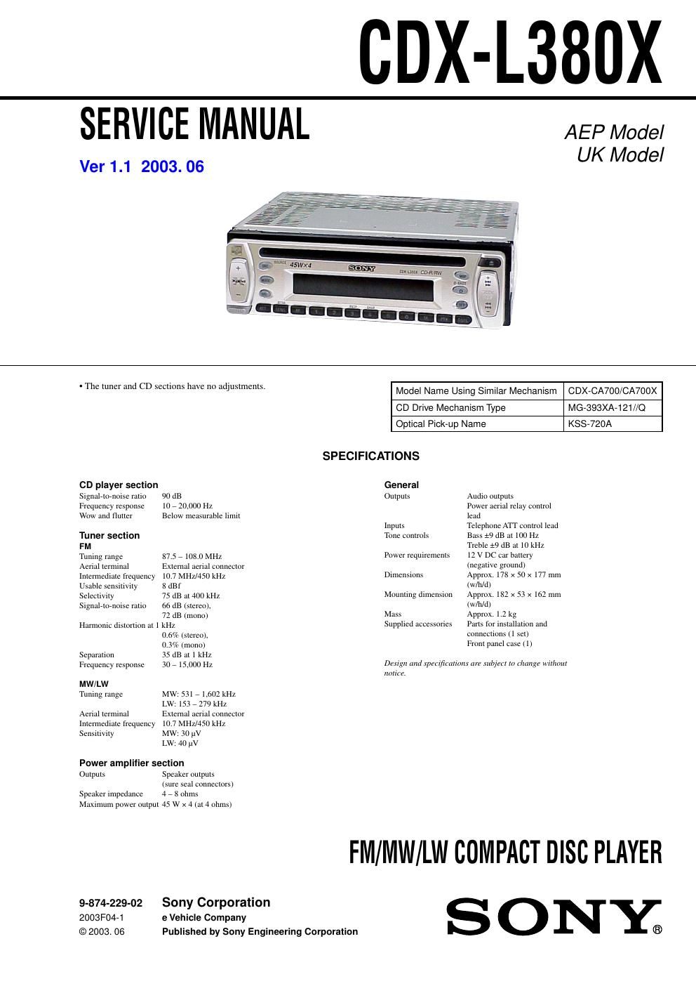 sony cdx l 380 x service manual