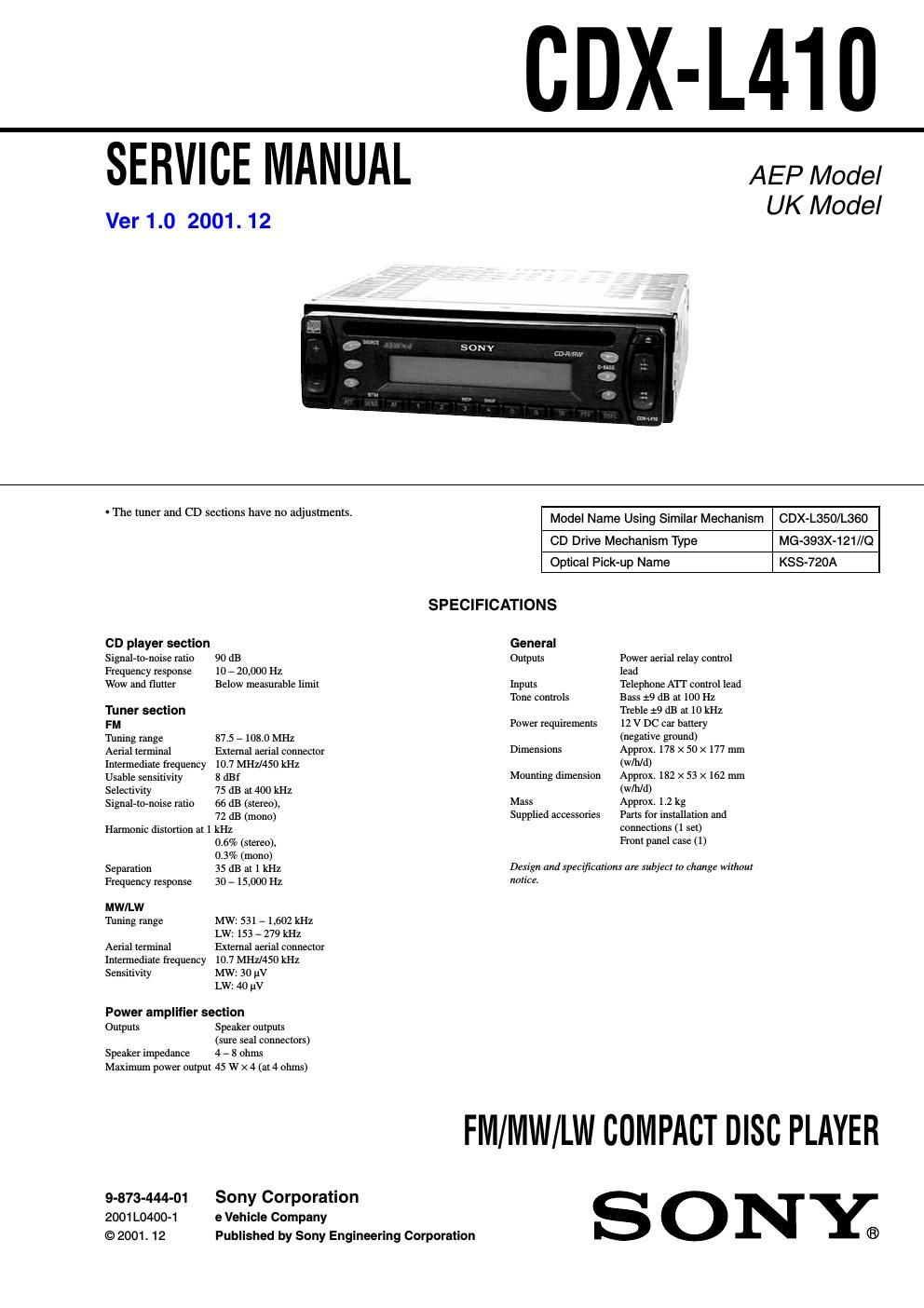 sony cdx l 410 service manual
