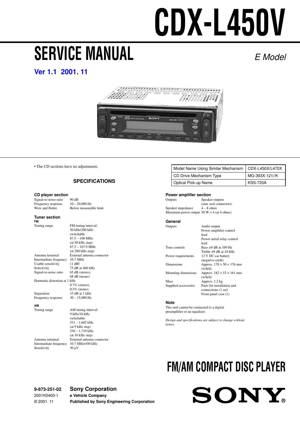 sony cdx l 450 v service manual