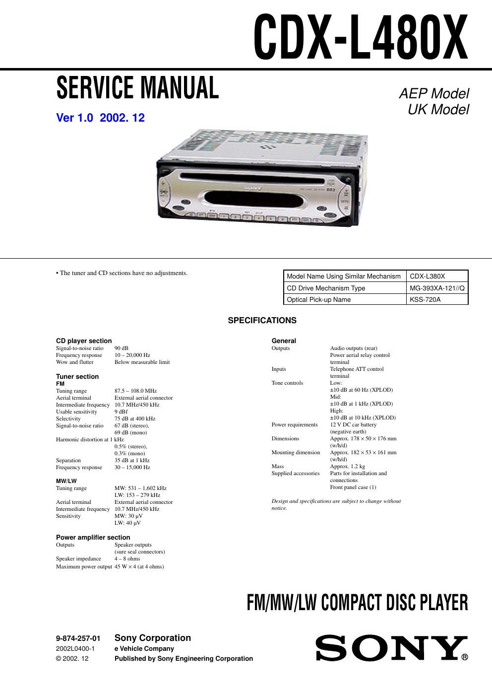 sony cdx l 480 x service manual
