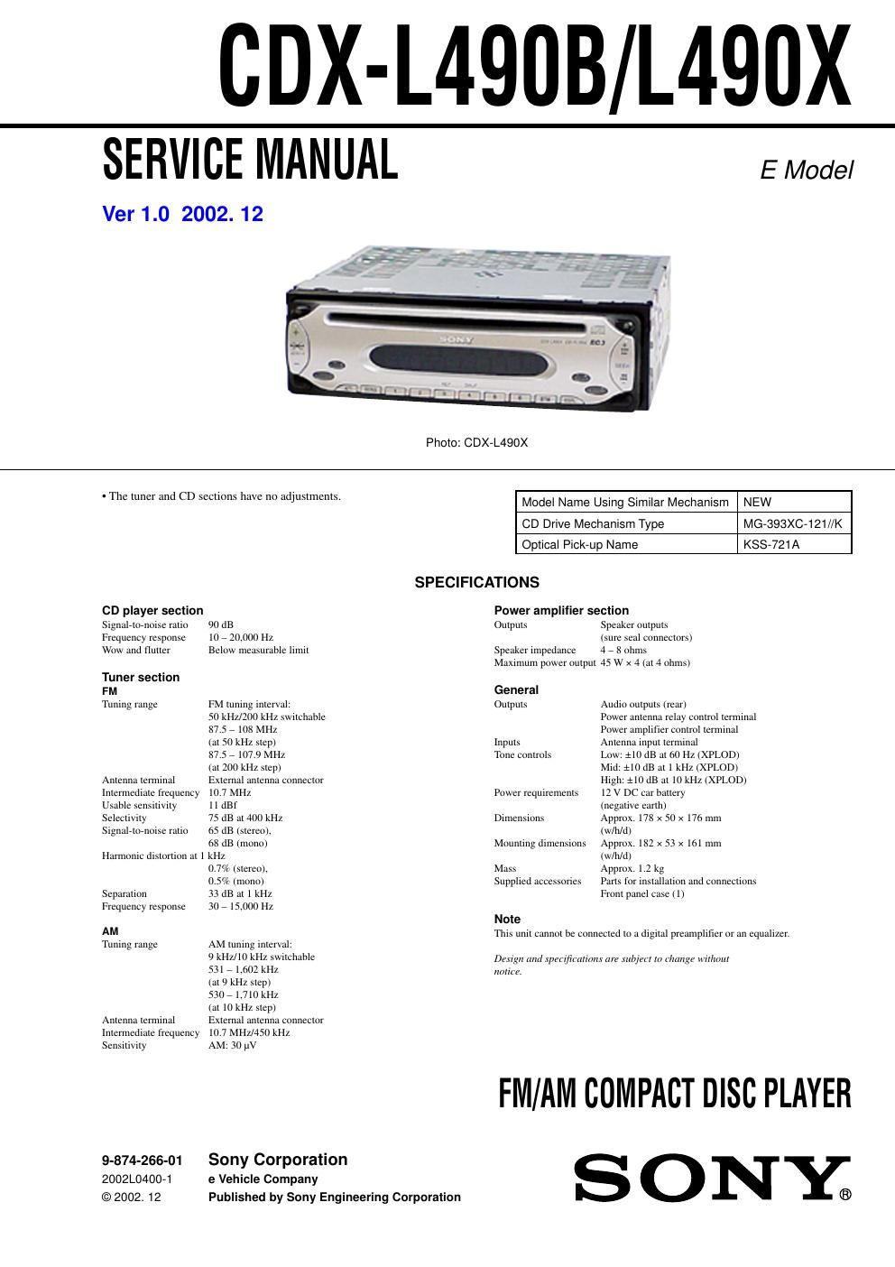 sony cdx l 490 b service manual