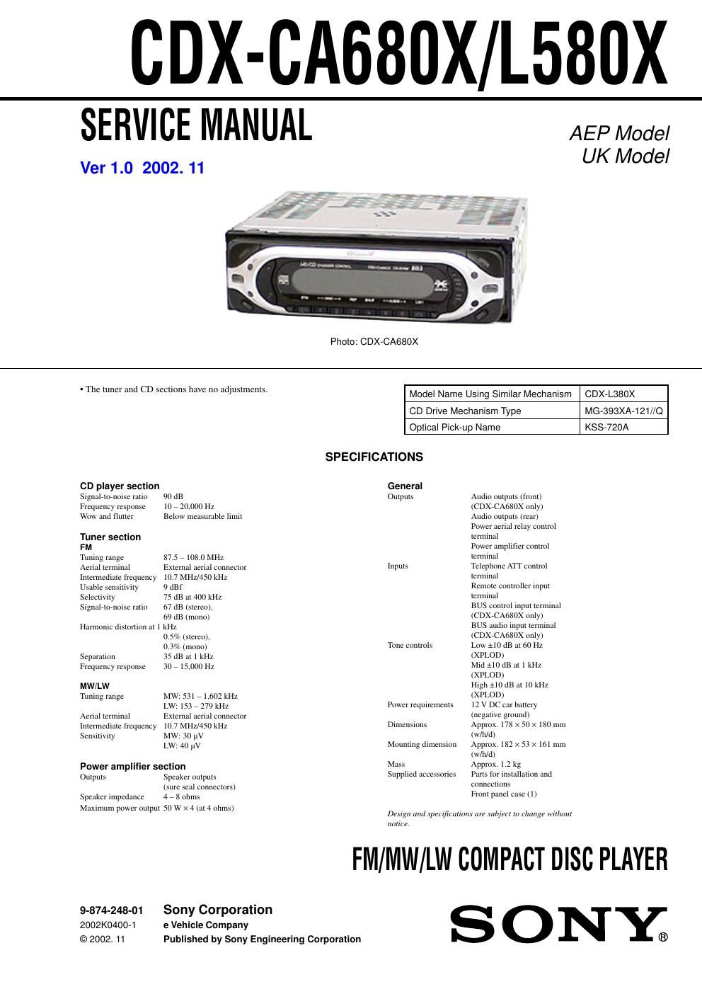 sony cdx l 580 x service manual