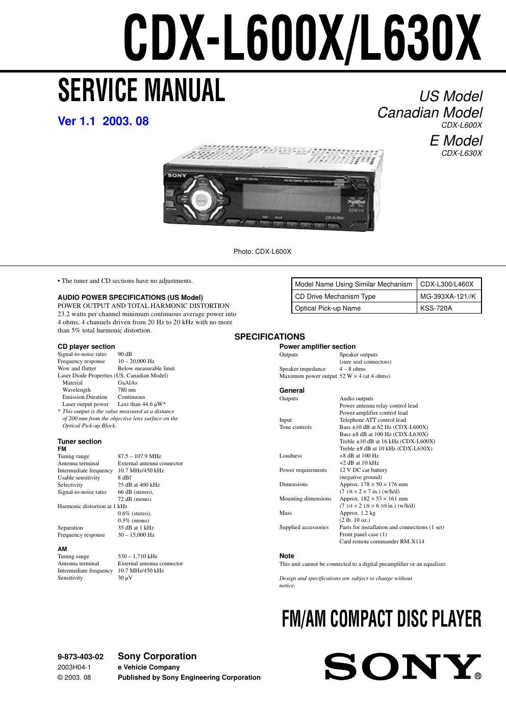 sony cdx l 600 x service manual