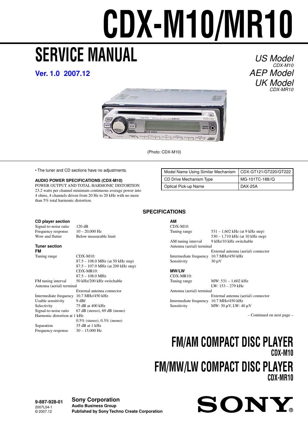 sony cdx m 10 service manual