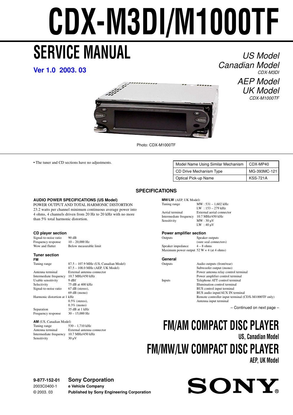 sony cdx m 1000 tf service manual