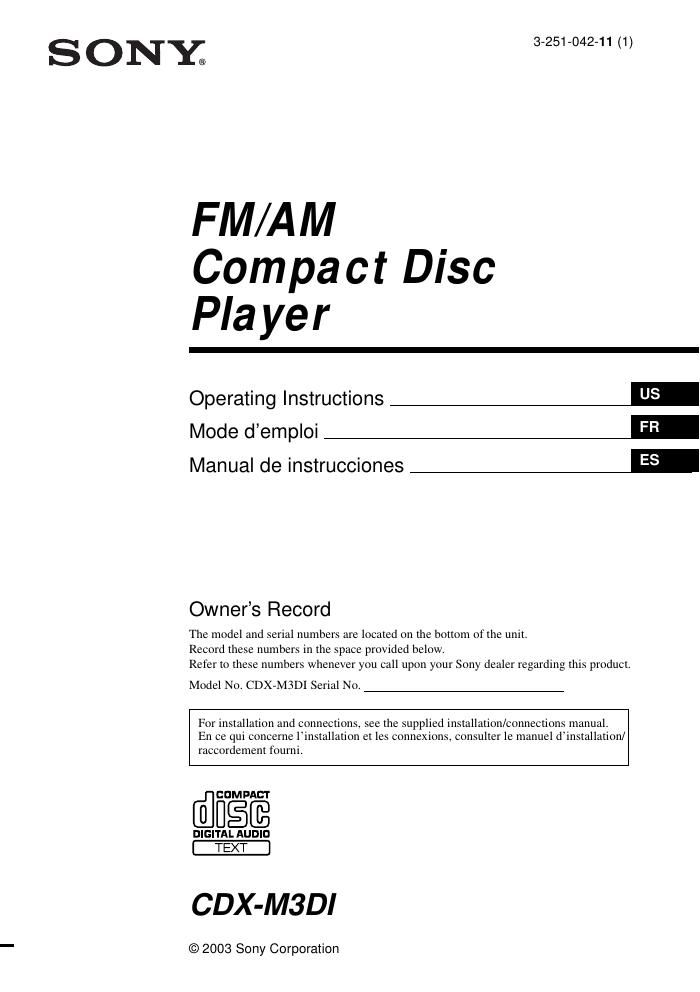 sony cdx m 3 di owners manual