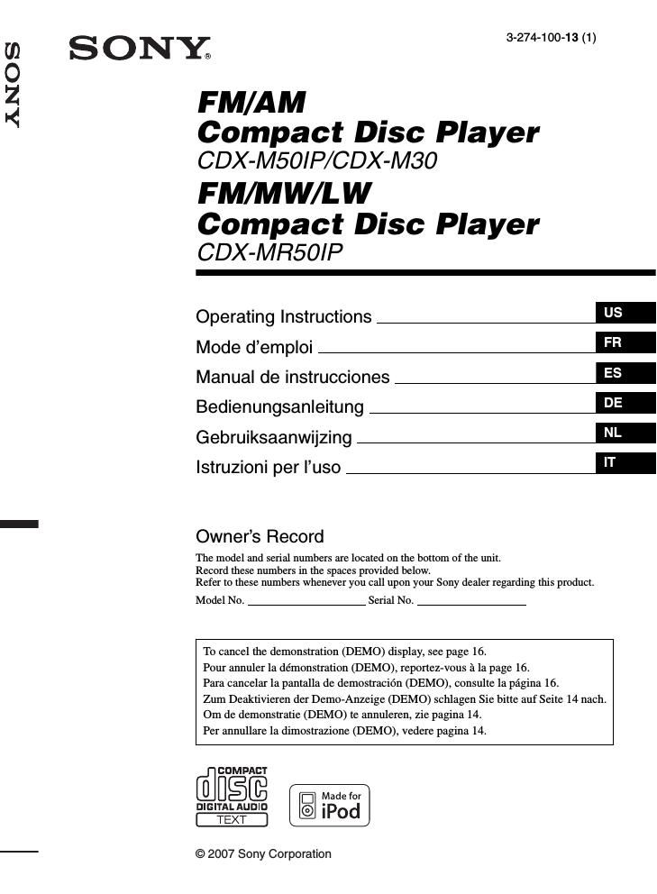 sony cdx m 30 owners manual