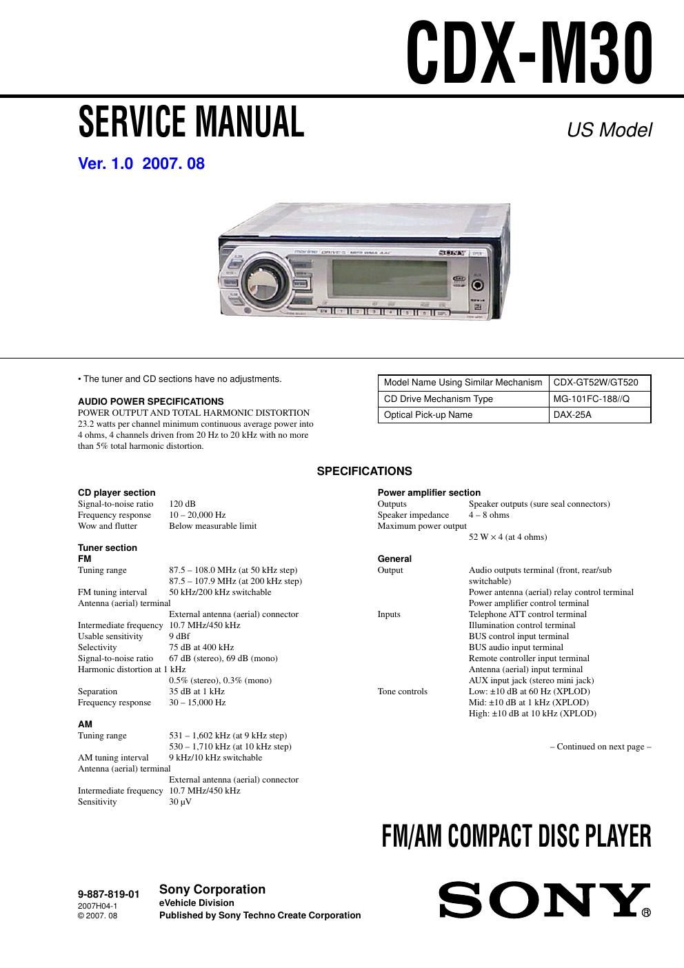sony cdx m 30 service manual