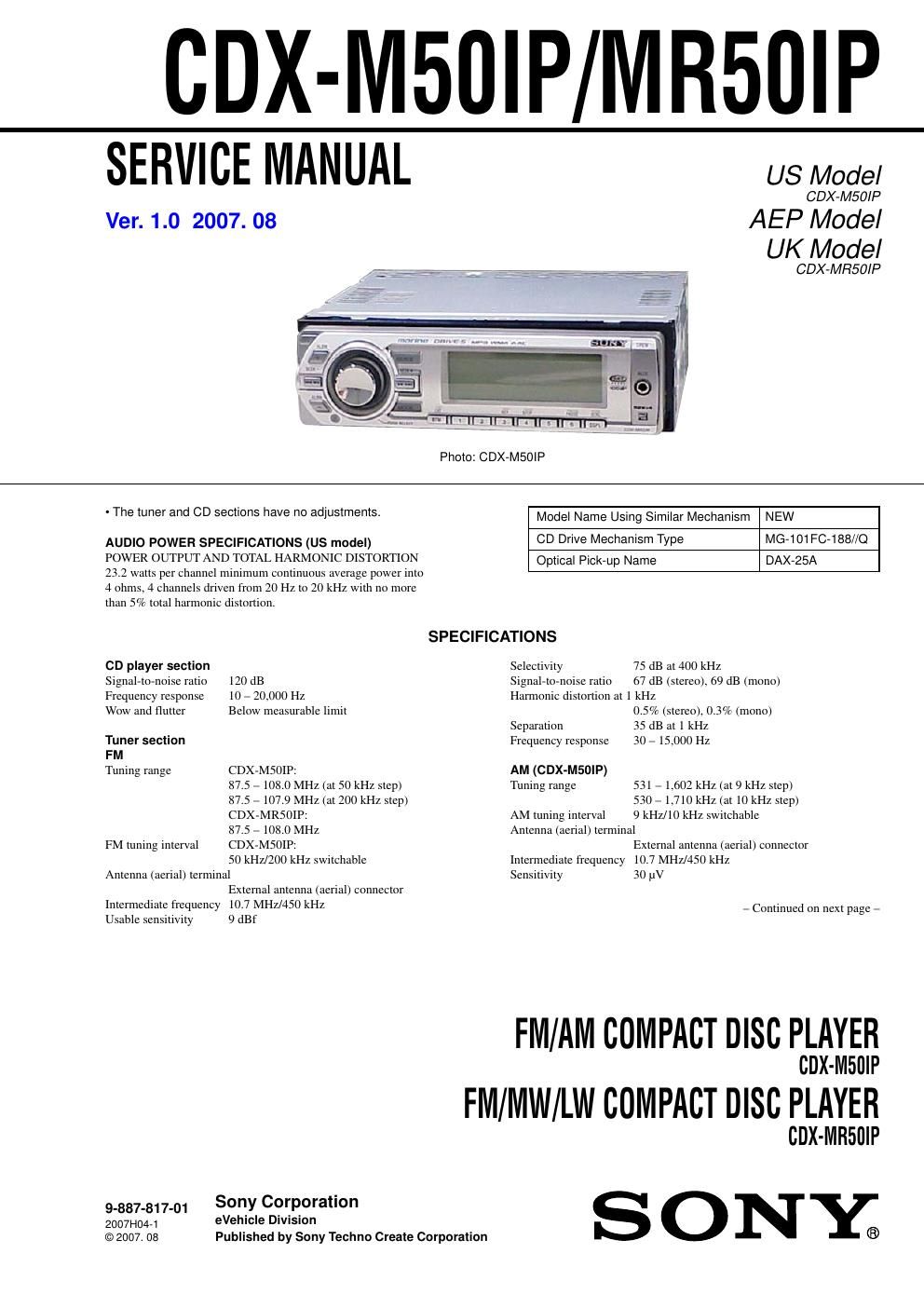 sony cdx m 50 ip service manual