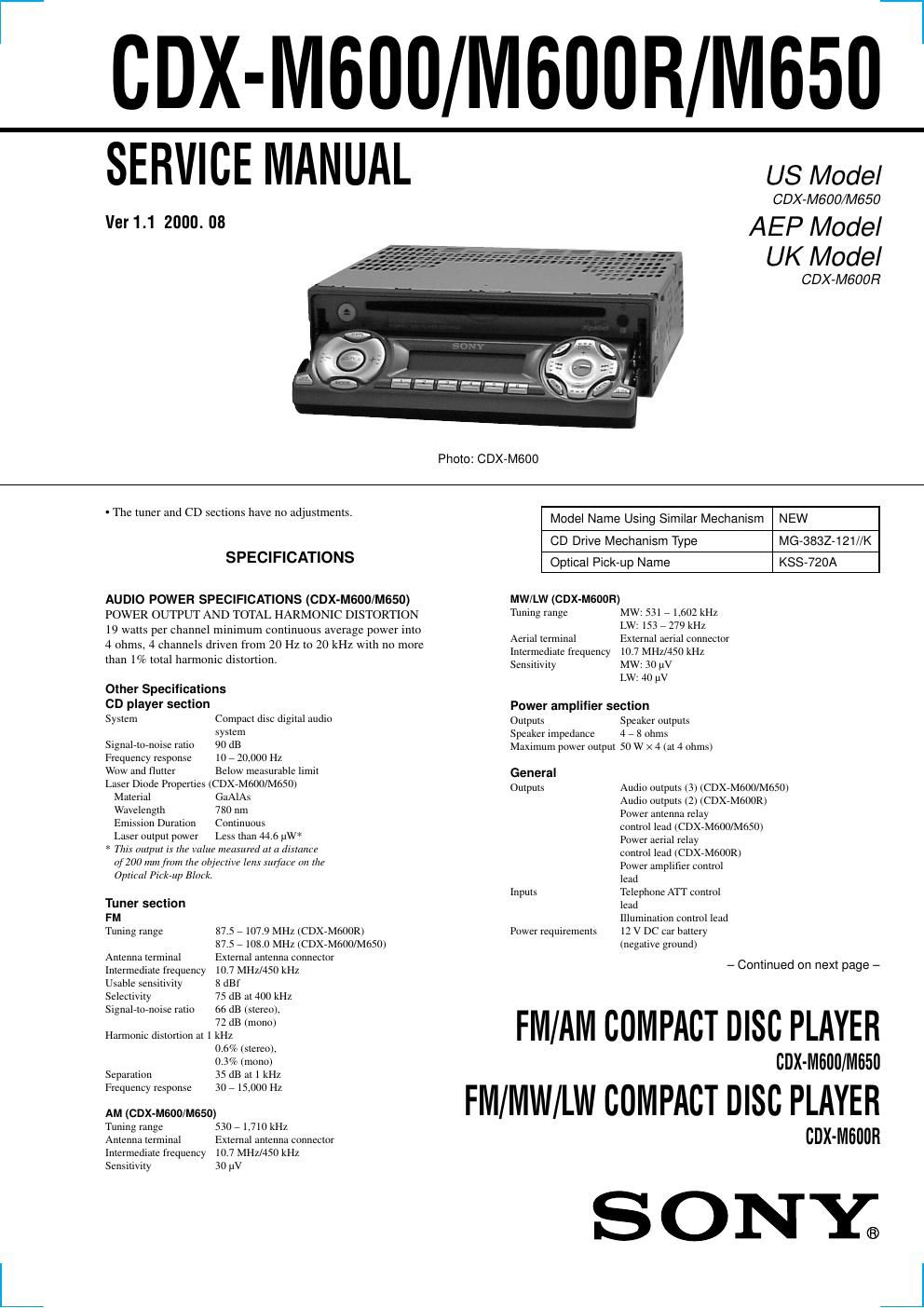 sony cdx m 600 service manual
