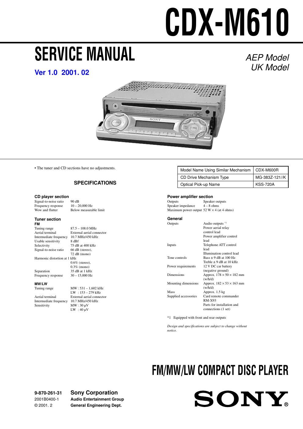 sony cdx m 610 service manual