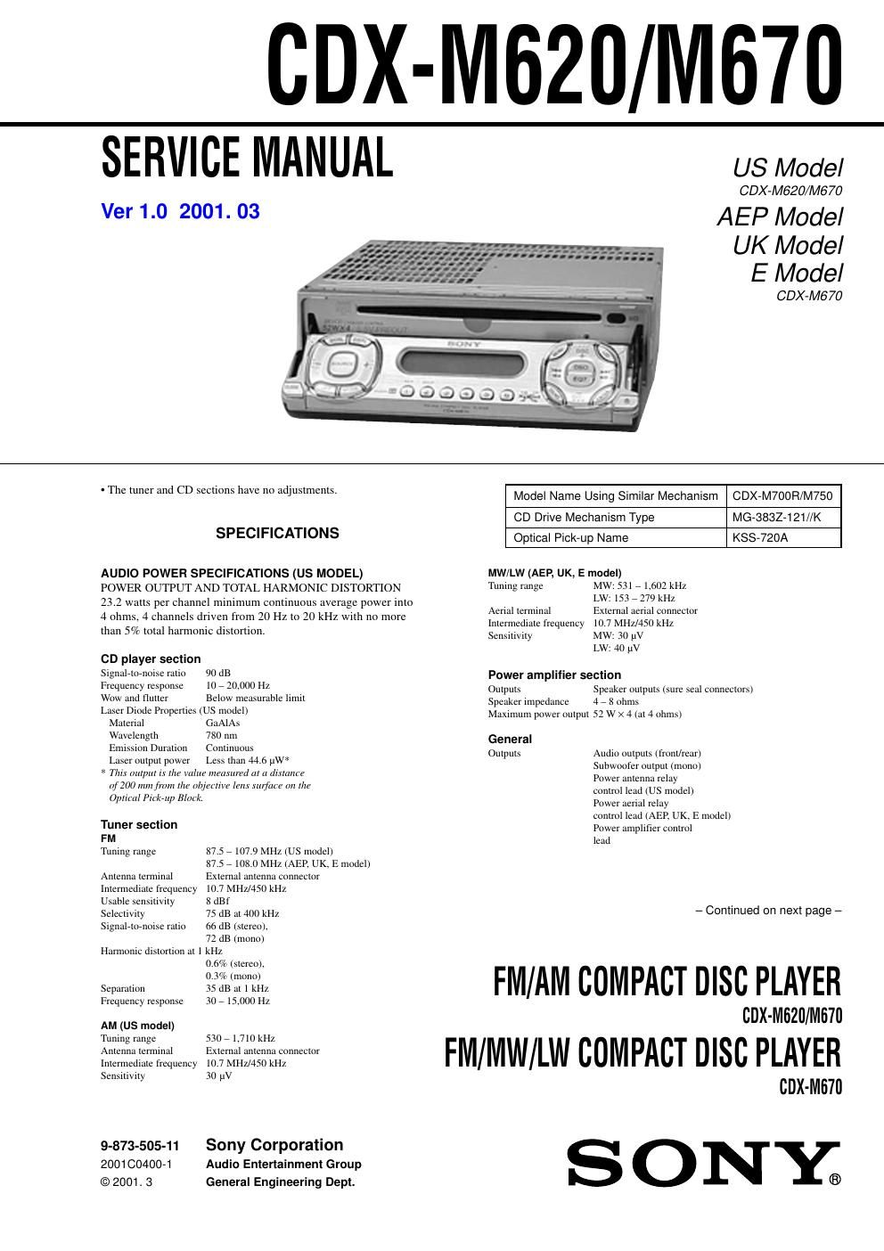 sony cdx m 620 service manual
