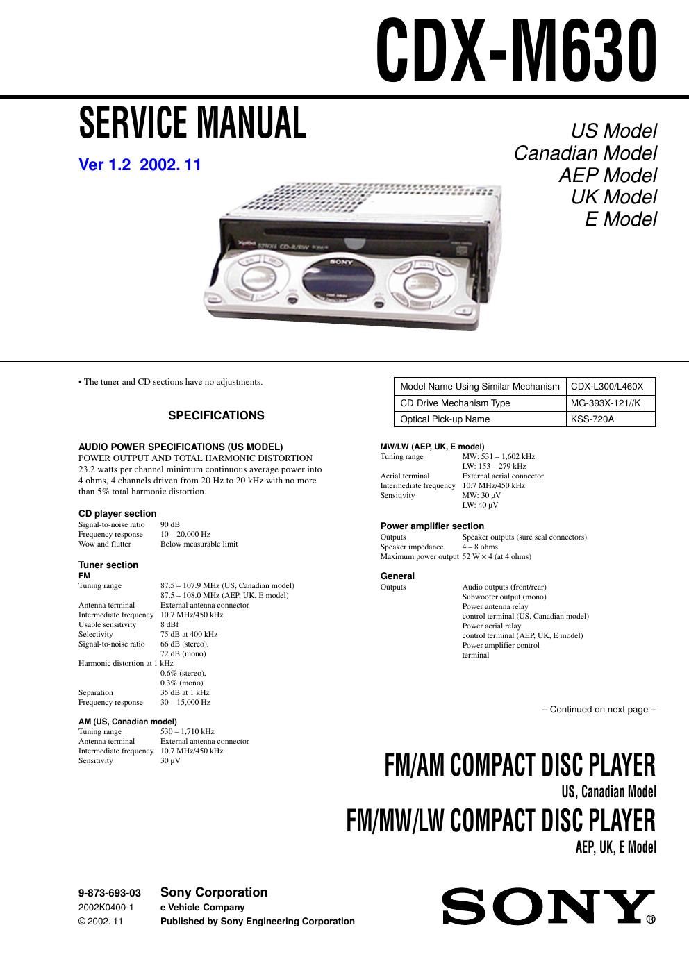 sony cdx m 630 service manual