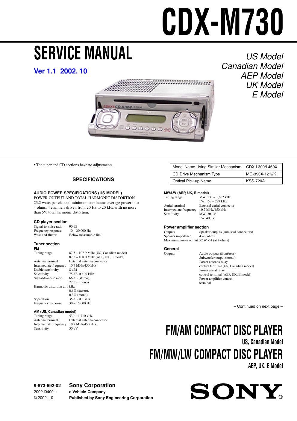 sony cdx m 730 service manual