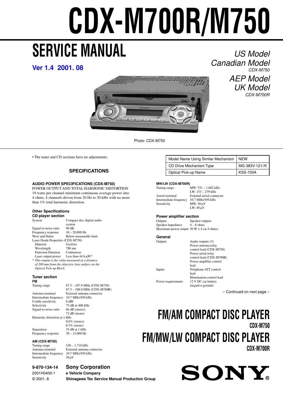 sony cdx m 750 service manual