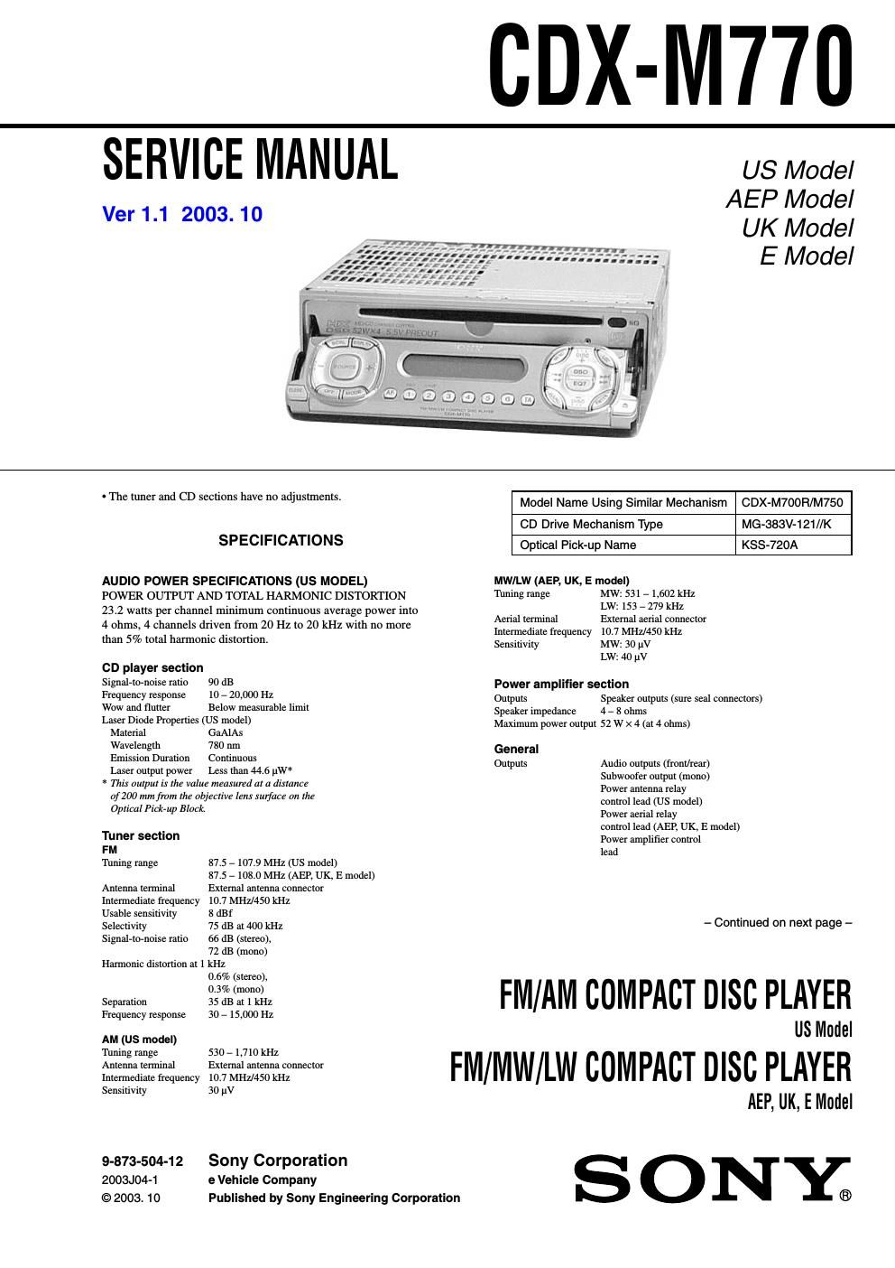 sony cdx m 770 service manual