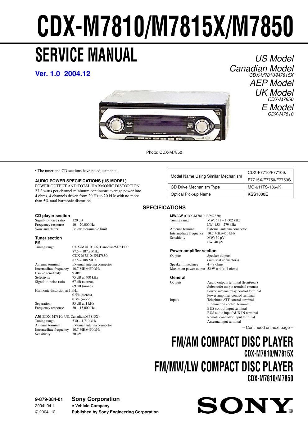 sony cdx m 7850 service manual