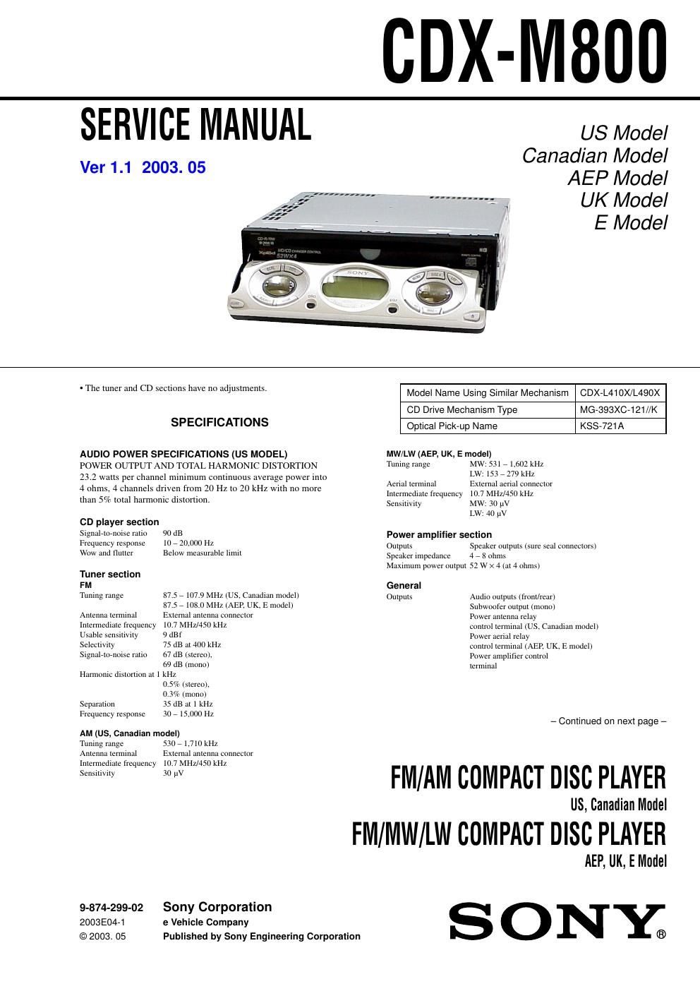 sony cdx m 800 service manual
