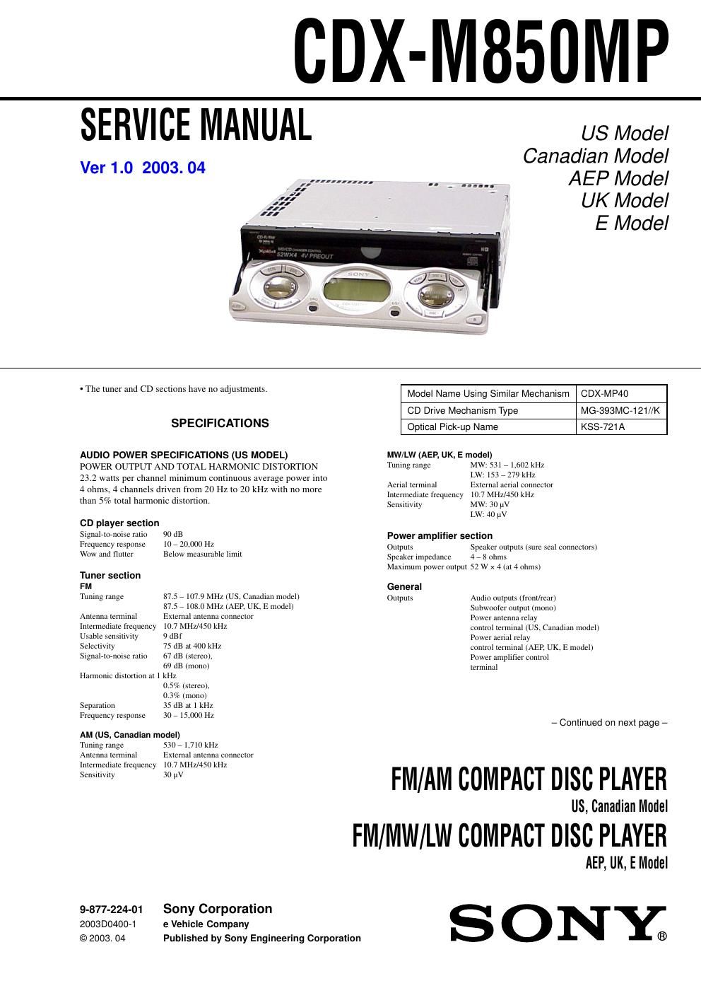 sony cdx m 850 mp service manual