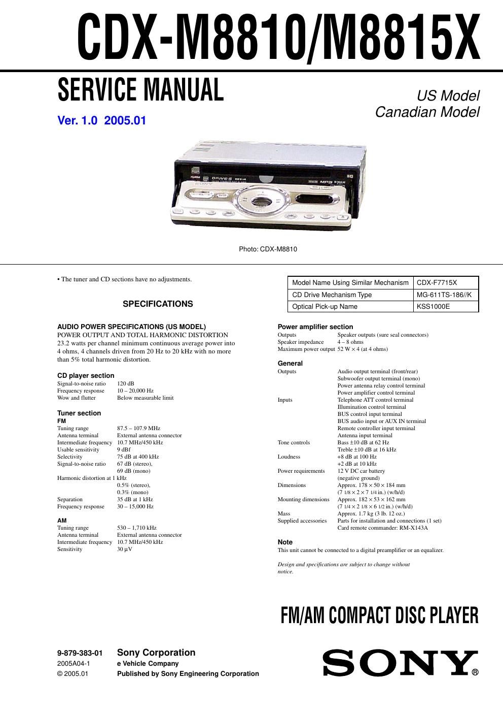 sony cdx m 8815 x service manual