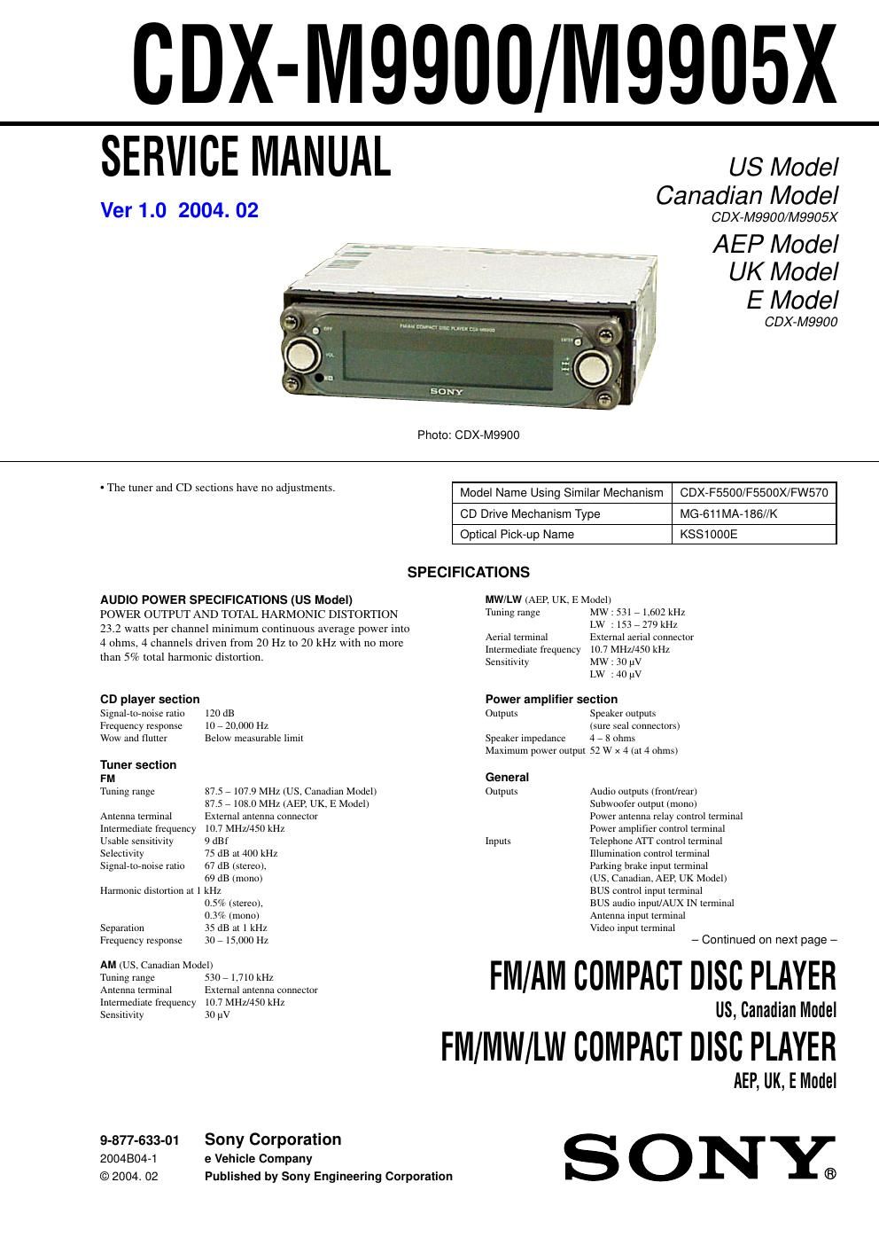 sony cdx m 9905 x service manual