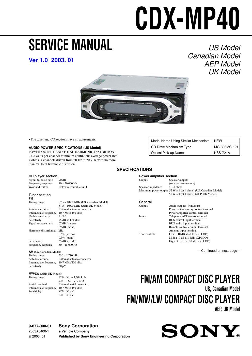 sony cdx m p40 service manual