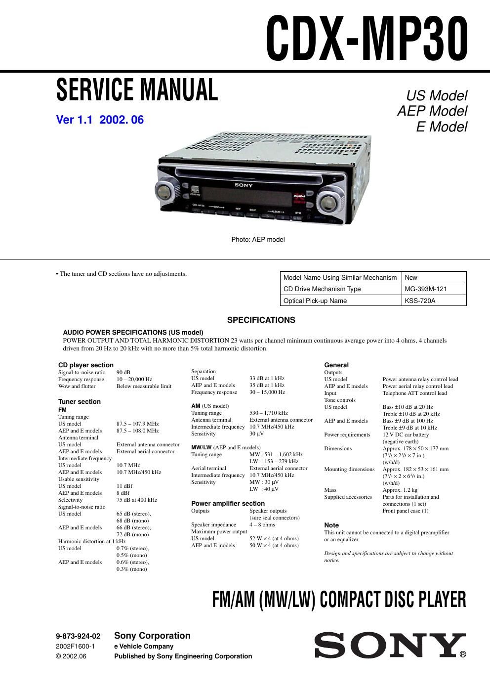 sony cdx mp 30 service manual