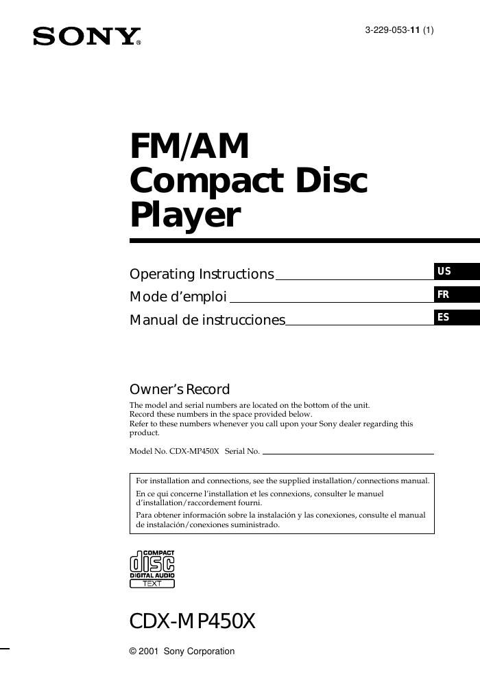 sony cdx mp 450 fp owners manual