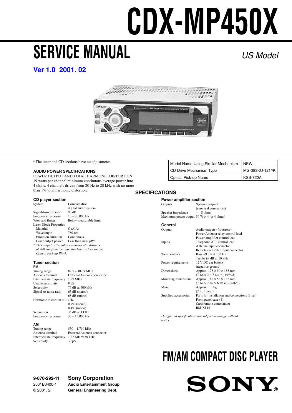 sony cdx mp 450 x service manual