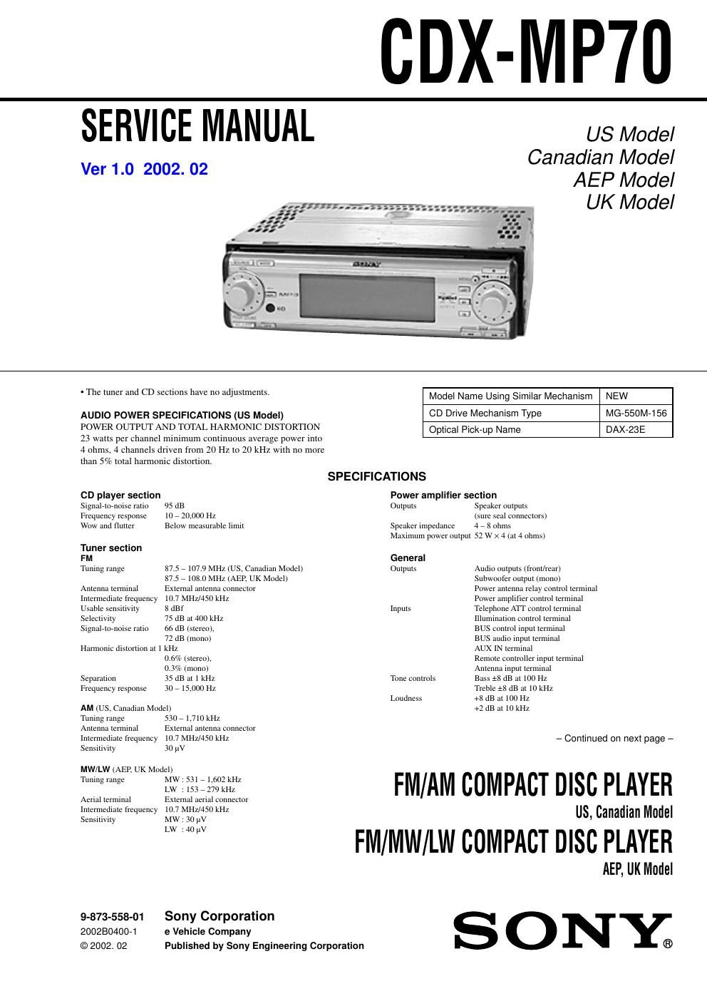 sony cdx mp 70 service manual