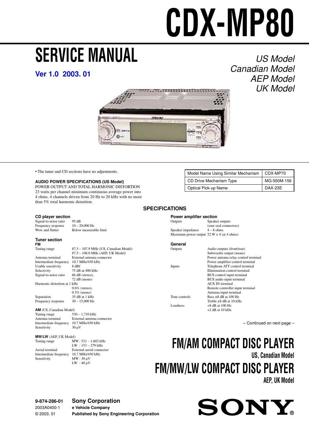 sony cdx mp 80 service manual