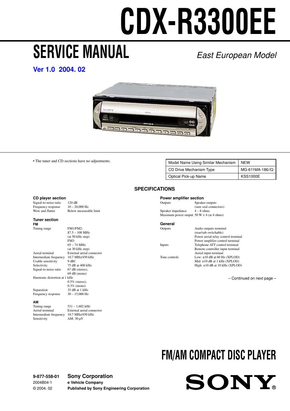 sony cdx r 3300 ee service manual