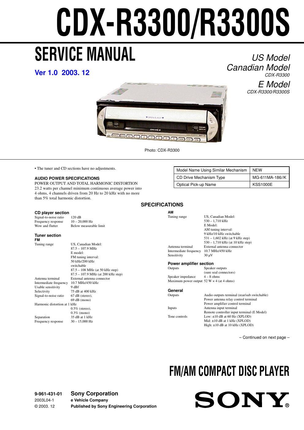 sony cdx r 3300 service manual