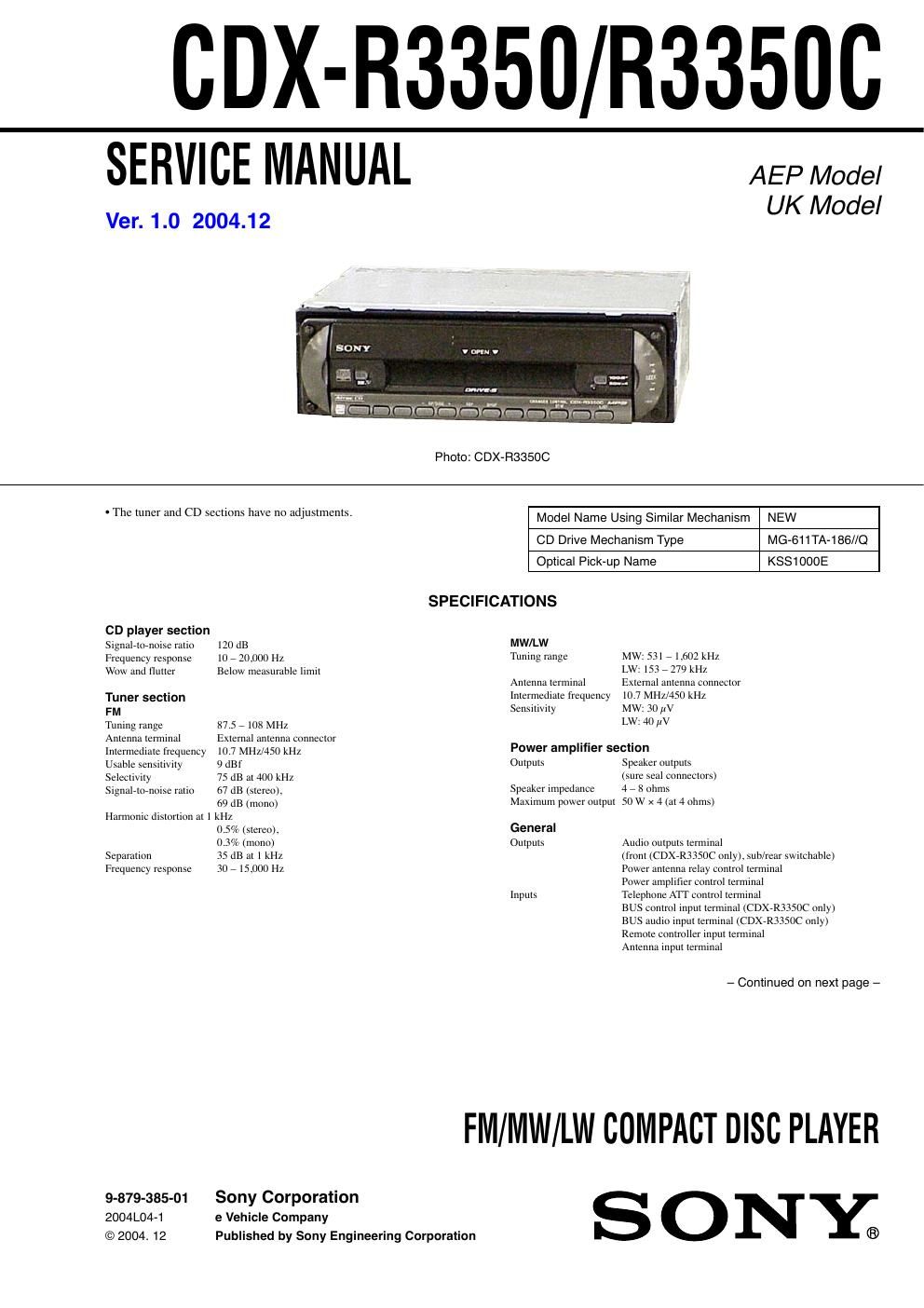 sony cdx r 3350 service manual