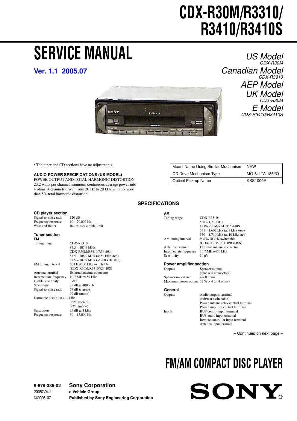 sony cdx r 3410 s service manual