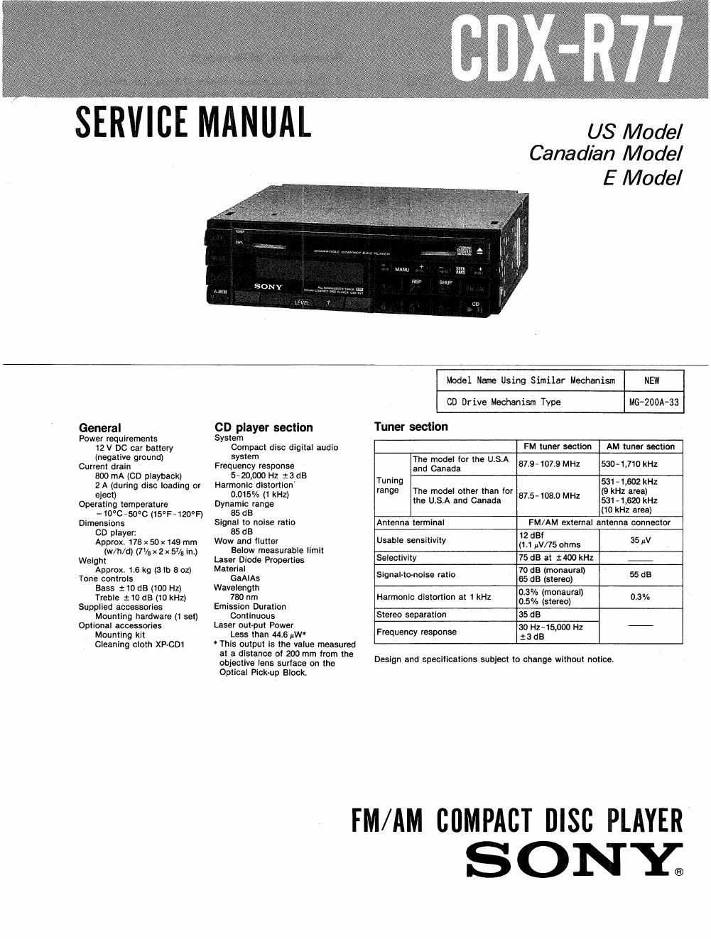 sony cdx r 77 service manual